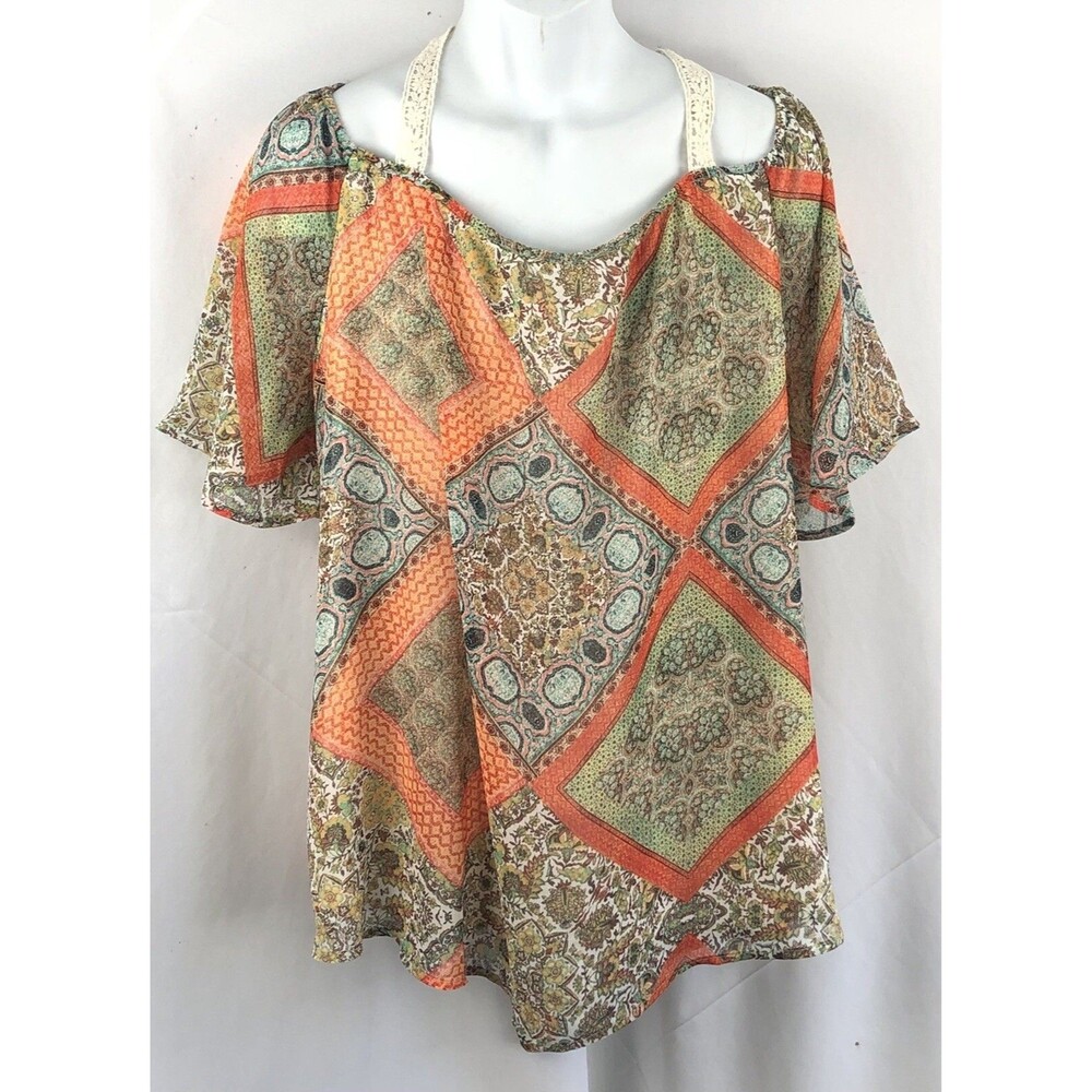 Flowy chiffon top 3X orange/blue floral cold shoulder crochet Bohemian  Hippie